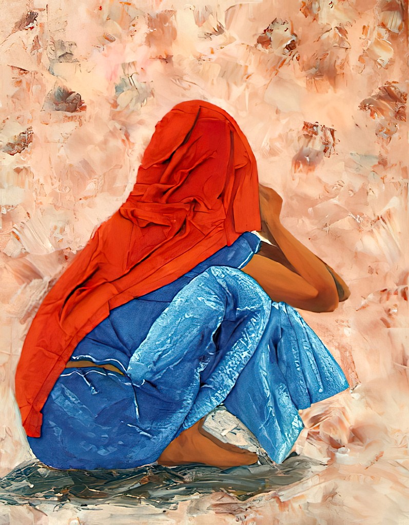 2003 08-Lajja.jpg - Année 2003 - 65 x 50 cm  Tissu collé, huile au pinceau et au couteau sur toile